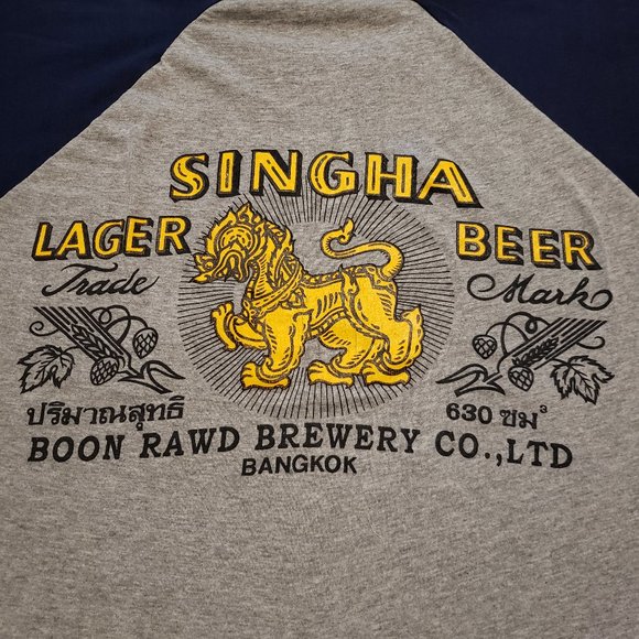 Singha Beer Raglan T-Shirt Boon Rawd Brewery Co. Gray Blue | Men's XL Pre-owned - Picture 3 of 9